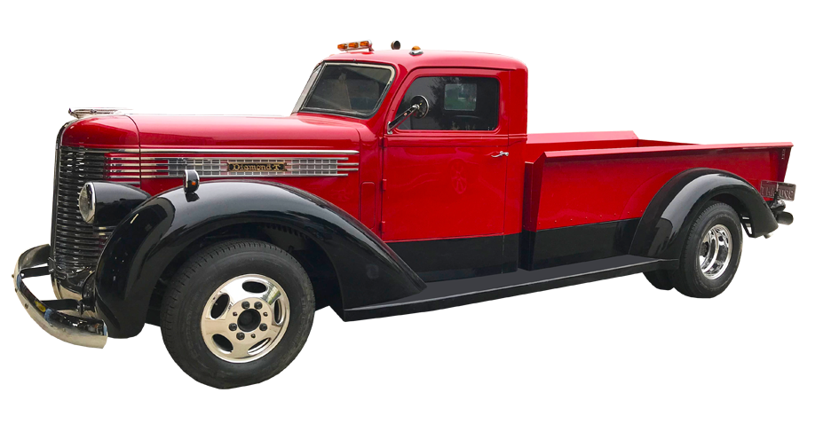 An old red truck with black trim is on a white background.