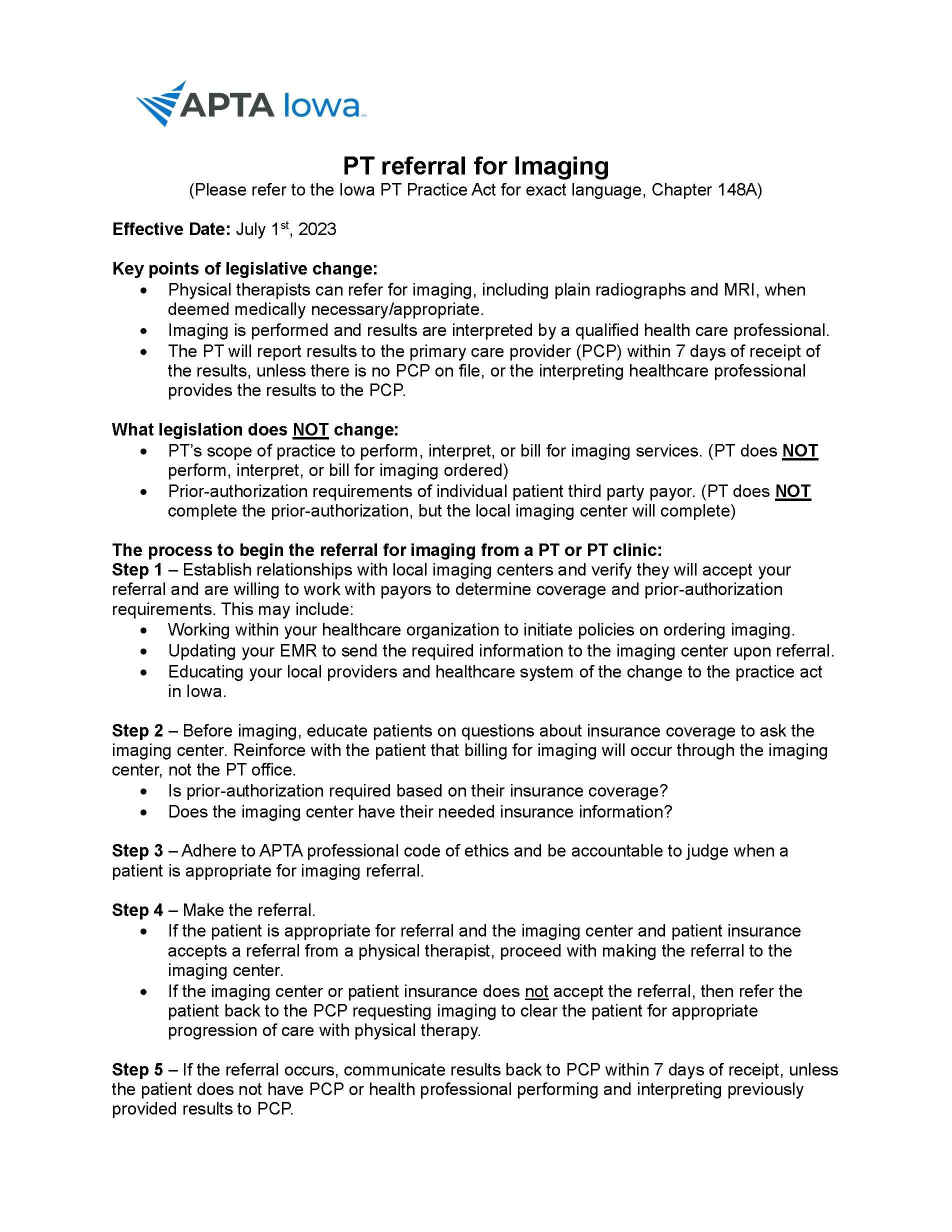 PT referral for Imaging