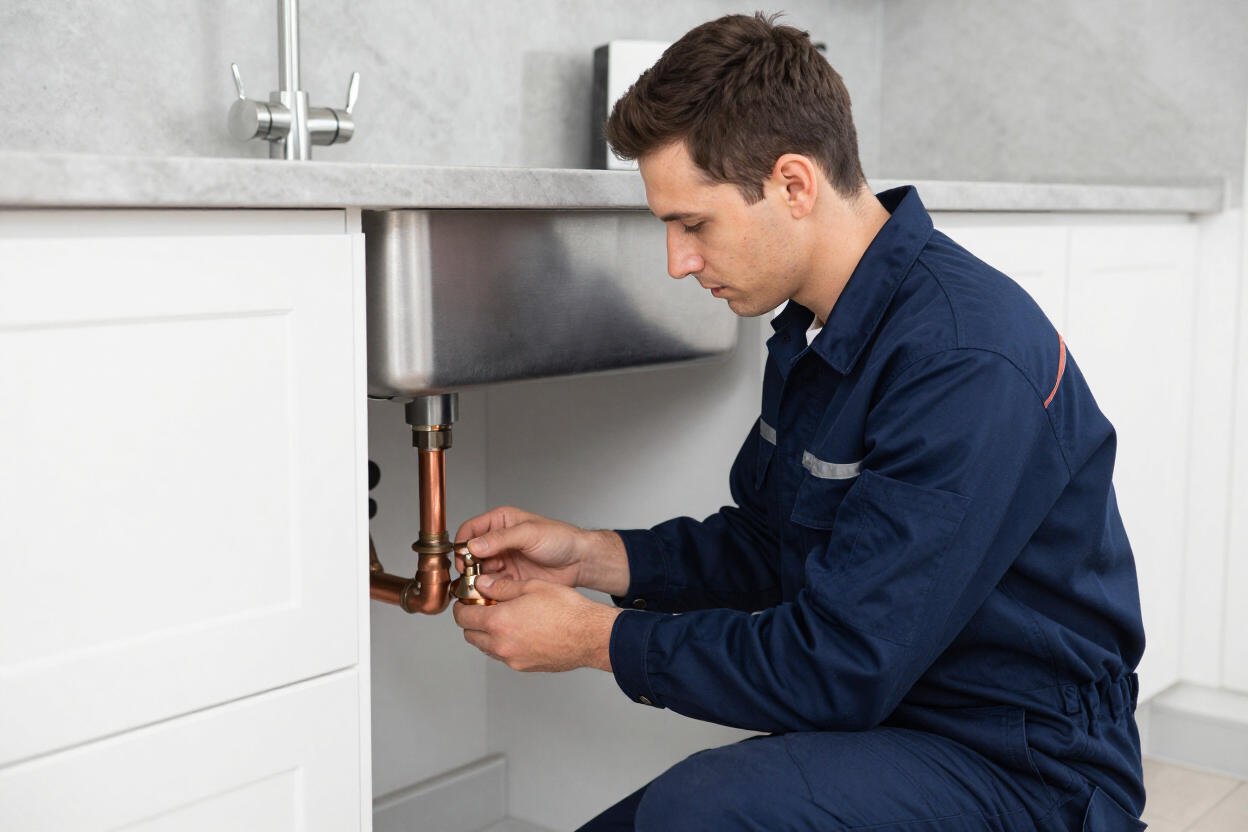 Plumber adjusting copper pipe fittings under kitchen sink