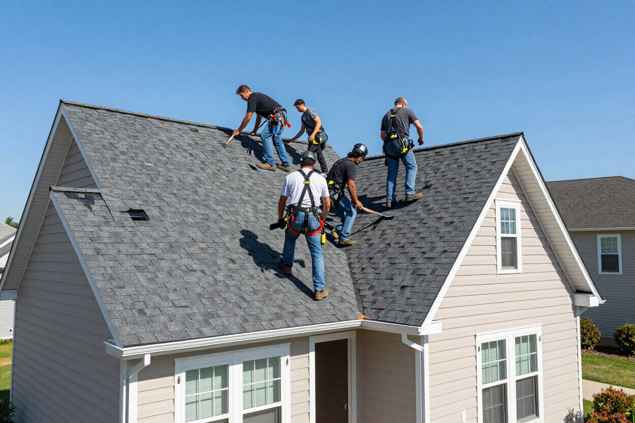 Roofing crew installing shingles on suburban home