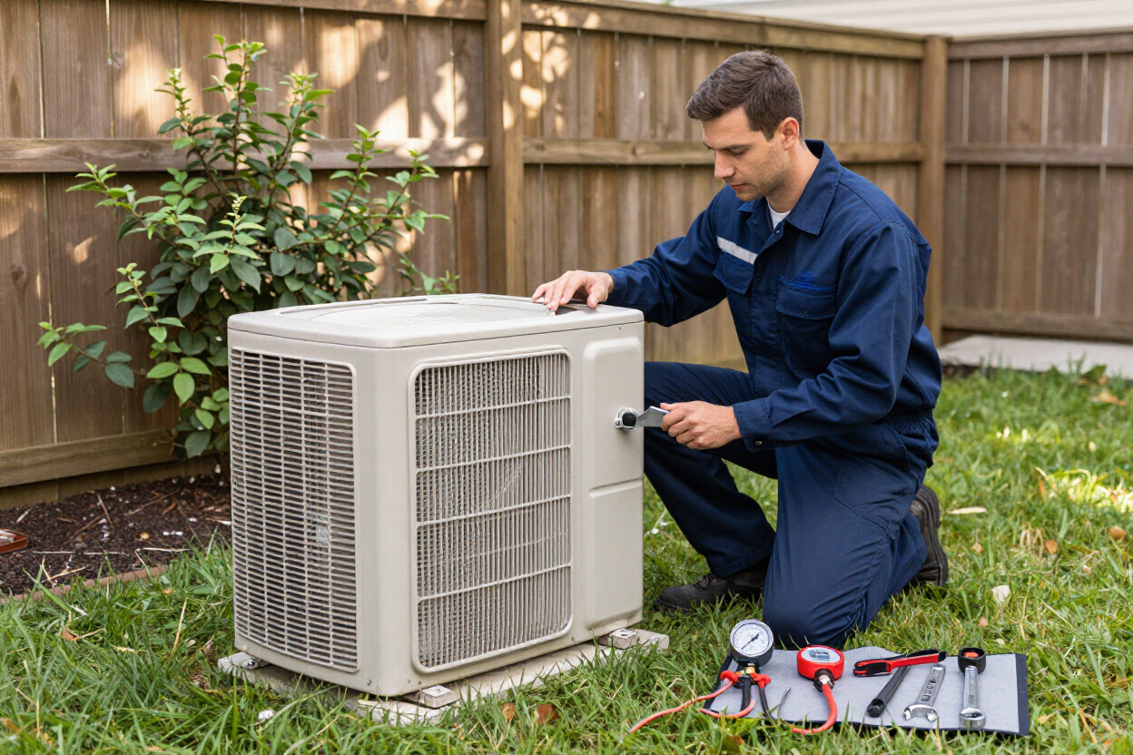 HVAC technician servicing outdoor AC unit