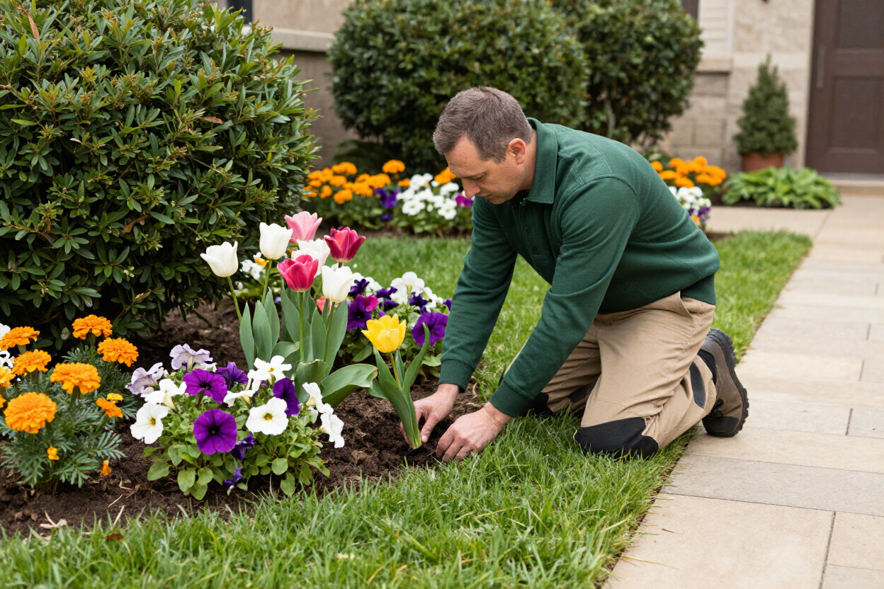 Landscaping professional planting flowers in residential garden