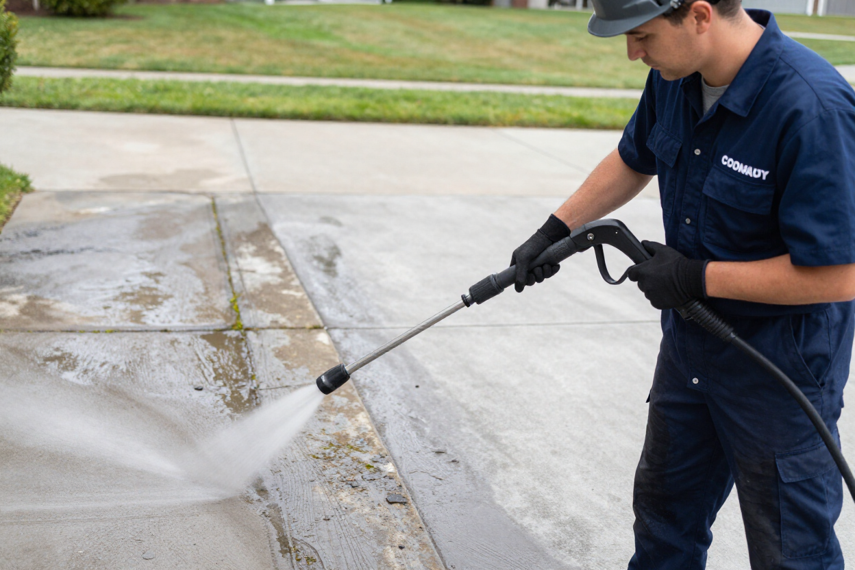 Pressure washing technician cleaning residential driveway