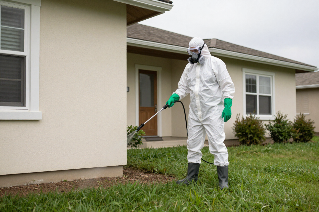 Pest control technician treating residential home perimeter