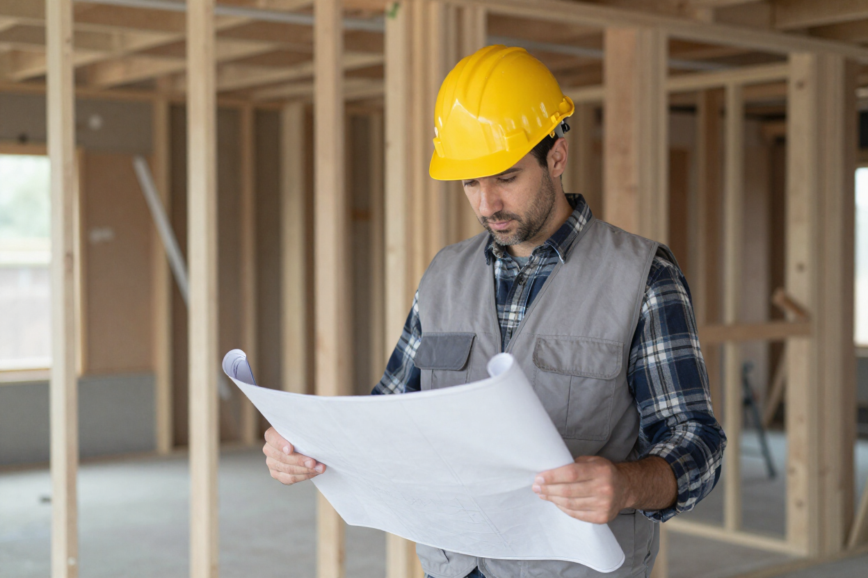 General contractor reviewing blueprints on renovation jobsite
