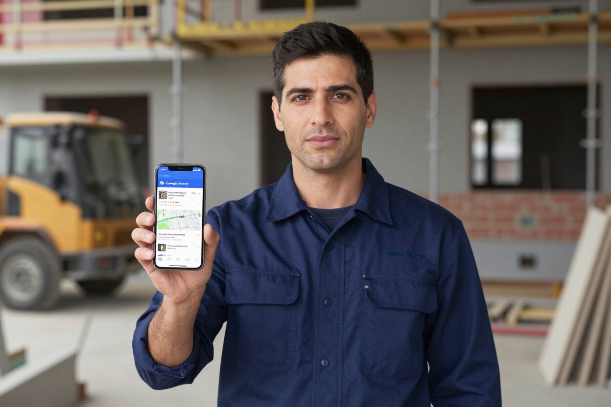 Contractor holding smartphone showing Google Maps local pack ranking