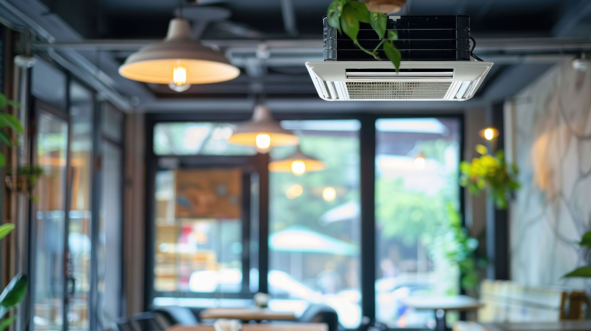 Un restaurant avec des tables et des chaises et un ventilateur de plafond.