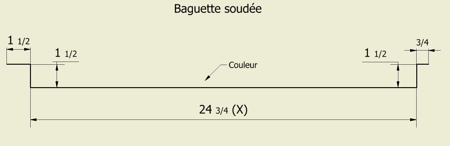 Un dessin d'une baguette avec des mesures dessus