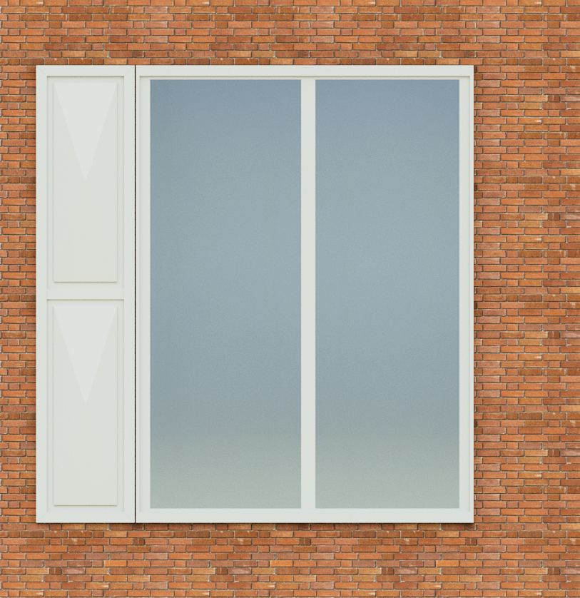 Une fenêtre blanche avec des volets sur un mur de briques