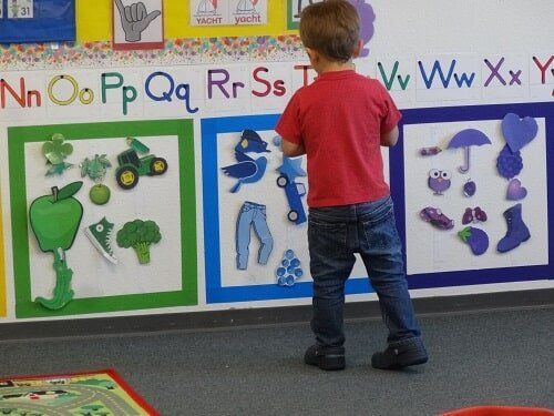 Child in red shirt standing in front of alphabet wall with color-coded objects