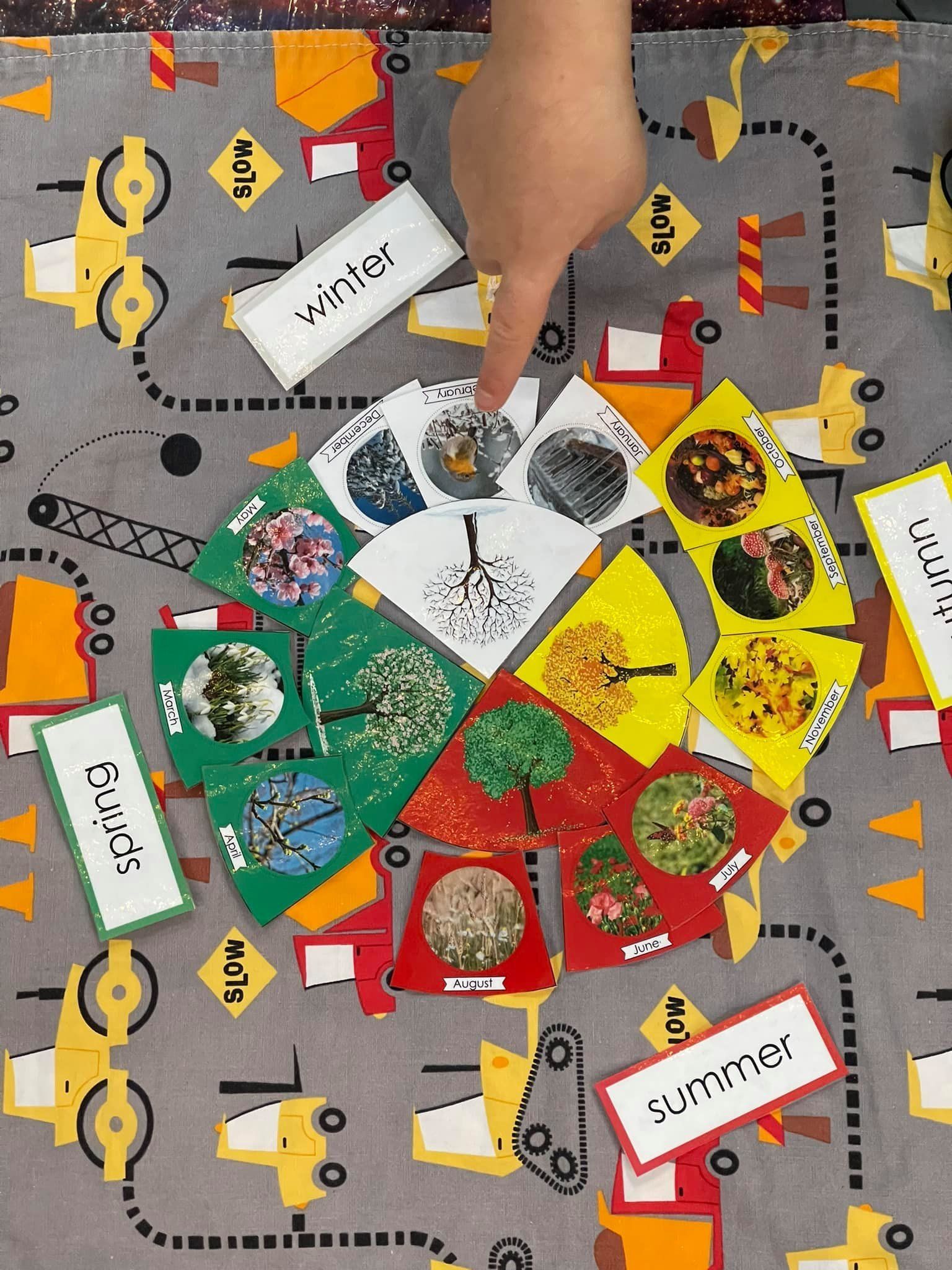 Person's hand pointing at a winter season card on a colorful season matching game