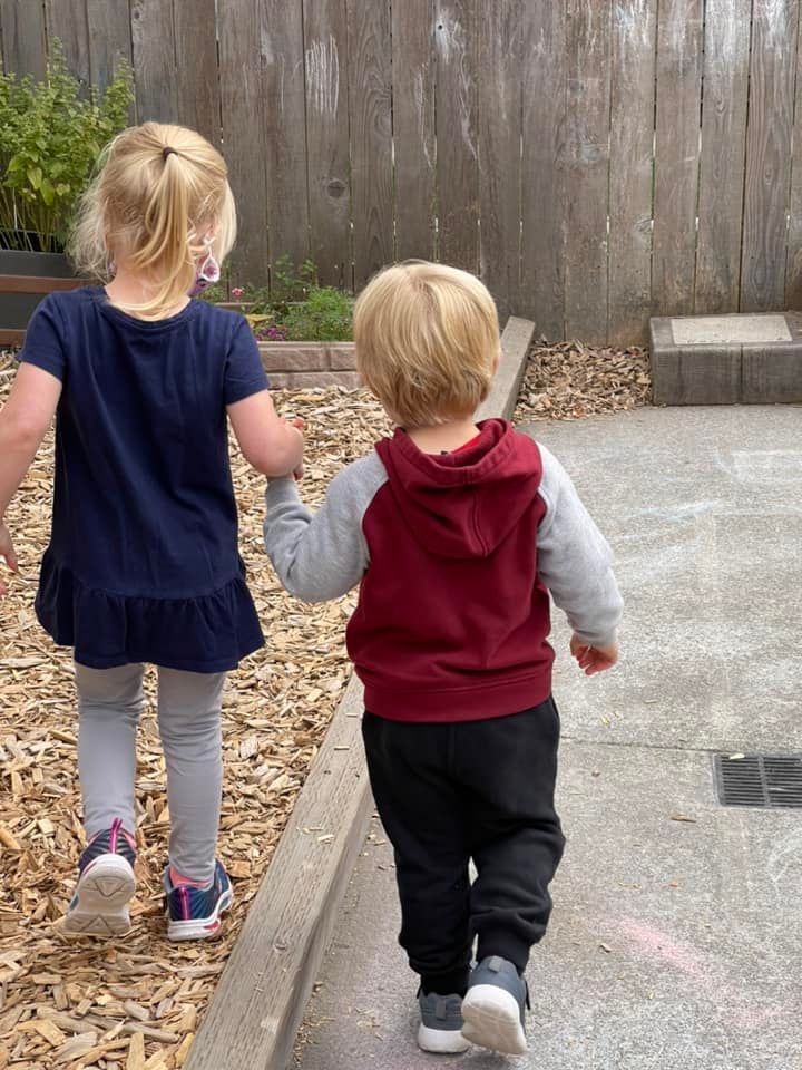 Two young children, blonde hair, holding hands, walking on a path near a wooden fence