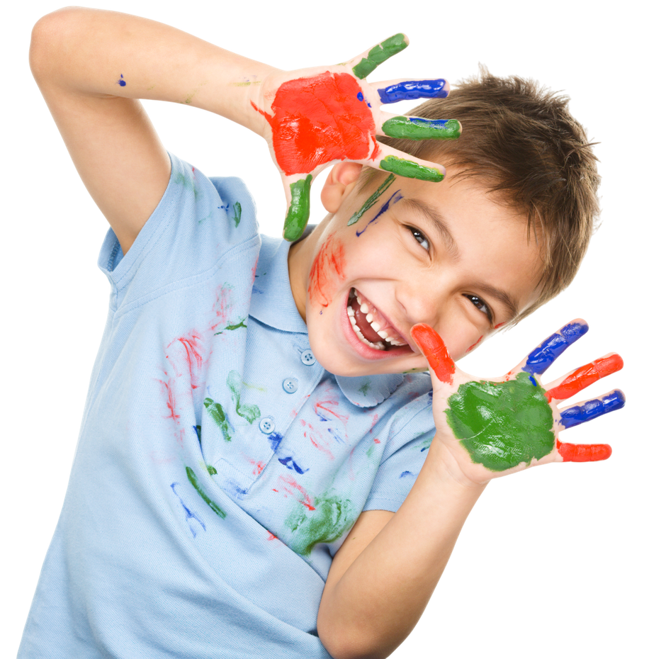 Boy with colorful paint on hands