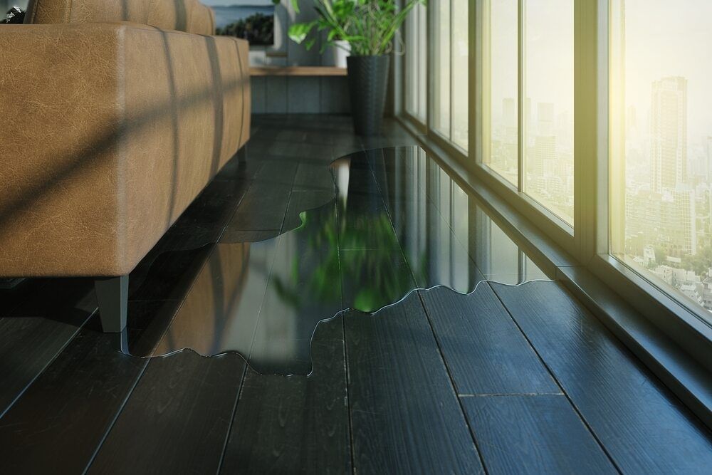 A Puddle Of Water Leaked Onto The Wooden Floor — Healthy Cleaning Solutions in Scotts Head, NSW