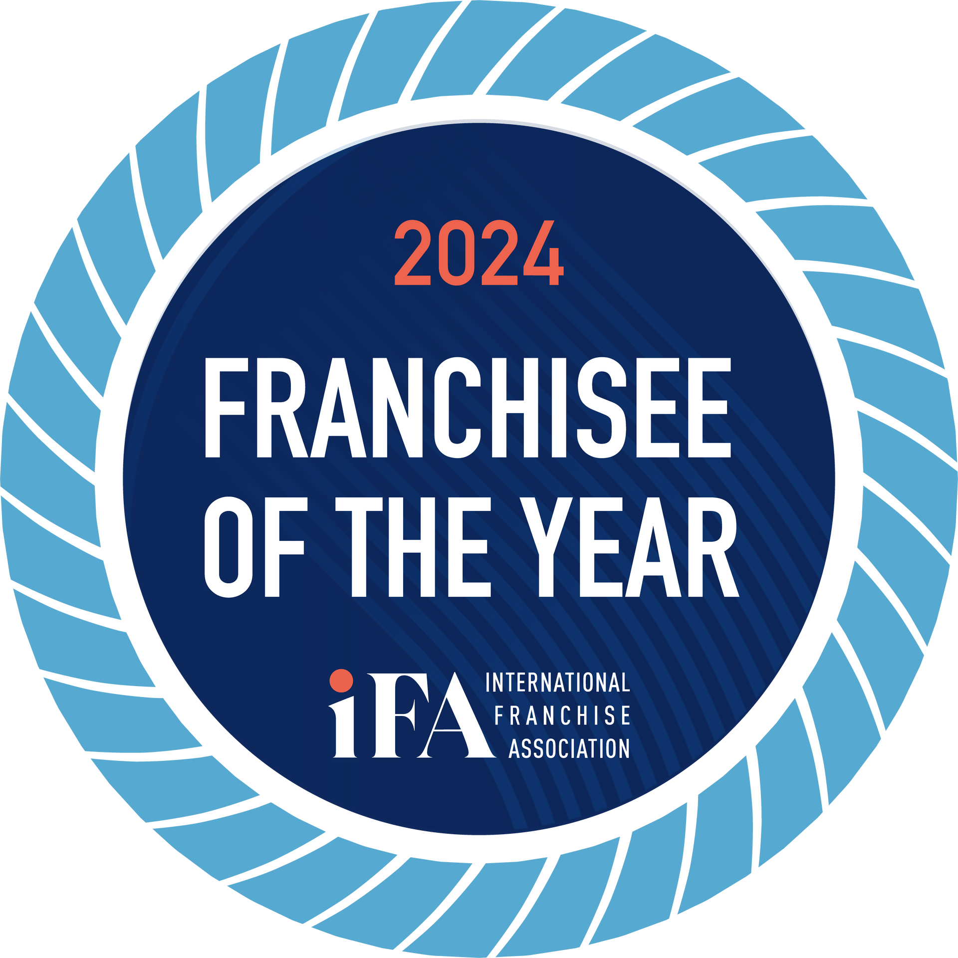 A blue circle with the words franchisee of the year 2024 on it