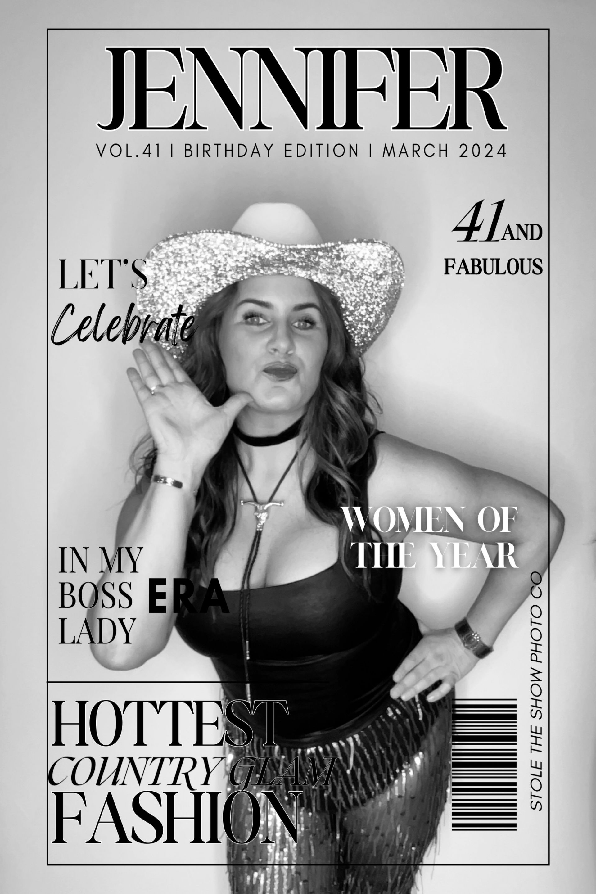 Woman in sparkly hat and outfit, posing for photo booth cover. Text reads “Jennifer” and “Hottest Country Fashion.”