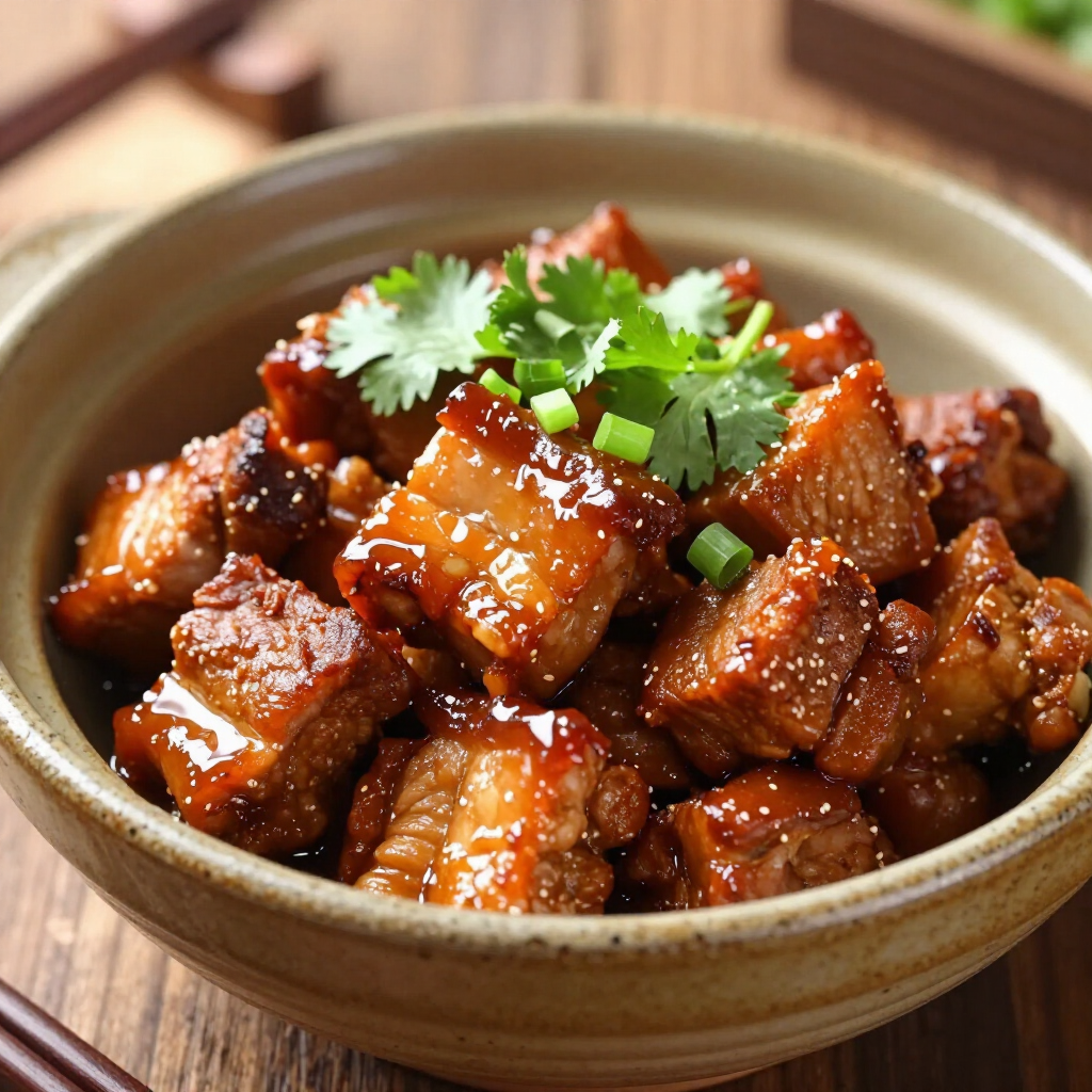 A brown bowl filled with glossy, braised pork belly cubes, topped with fresh green cilantro on a wooden surface.