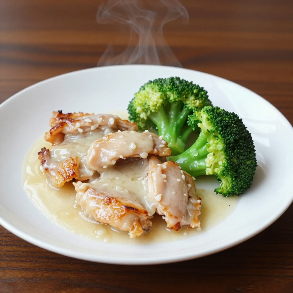 A white plate with seared chicken in a creamy garlic sauce next to two steamed broccoli florets.