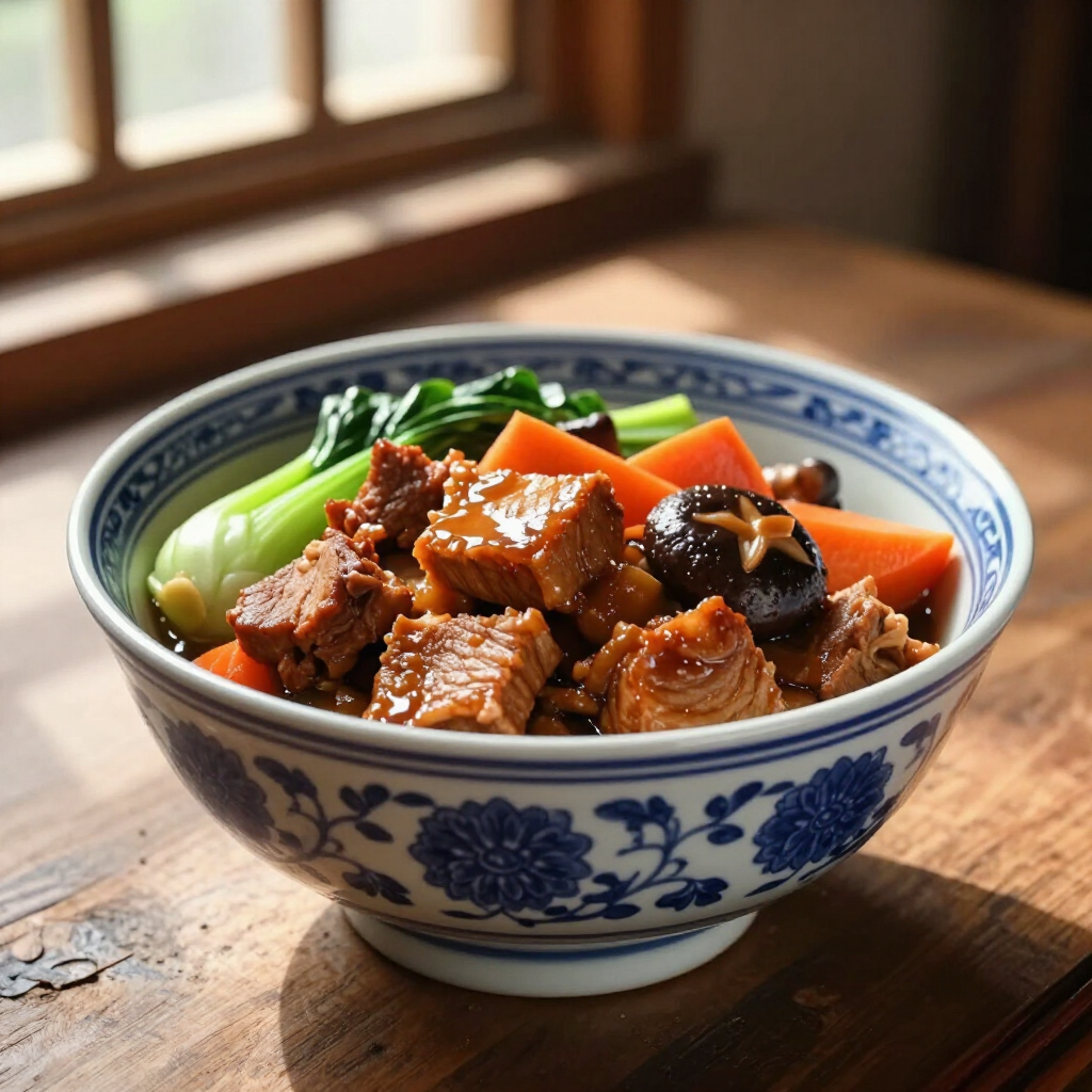 A bowl of braised meat with bok choy, carrots, and a shiitake mushroom, in a blue and white patterned bowl on a table.