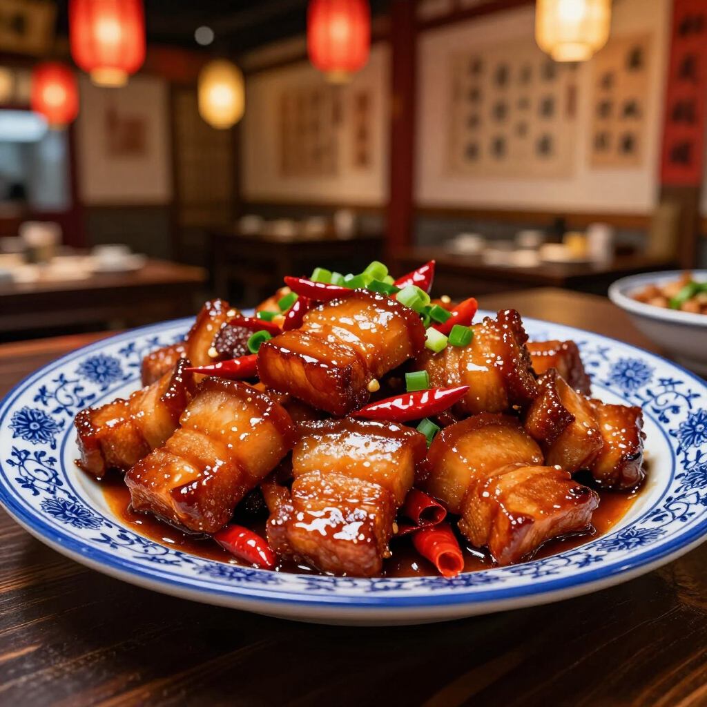 A dish of braised pork belly with chili peppers in a blue and white patterned bowl, set in a restaurant with lanterns.