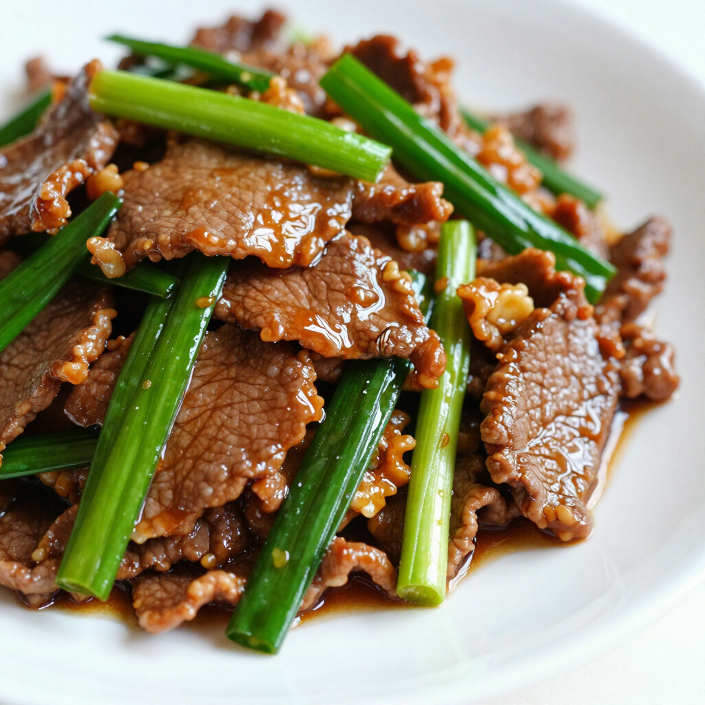 Stir-fried beef slices with vibrant green scallions coated in a glossy, savory brown sauce on a white plate.