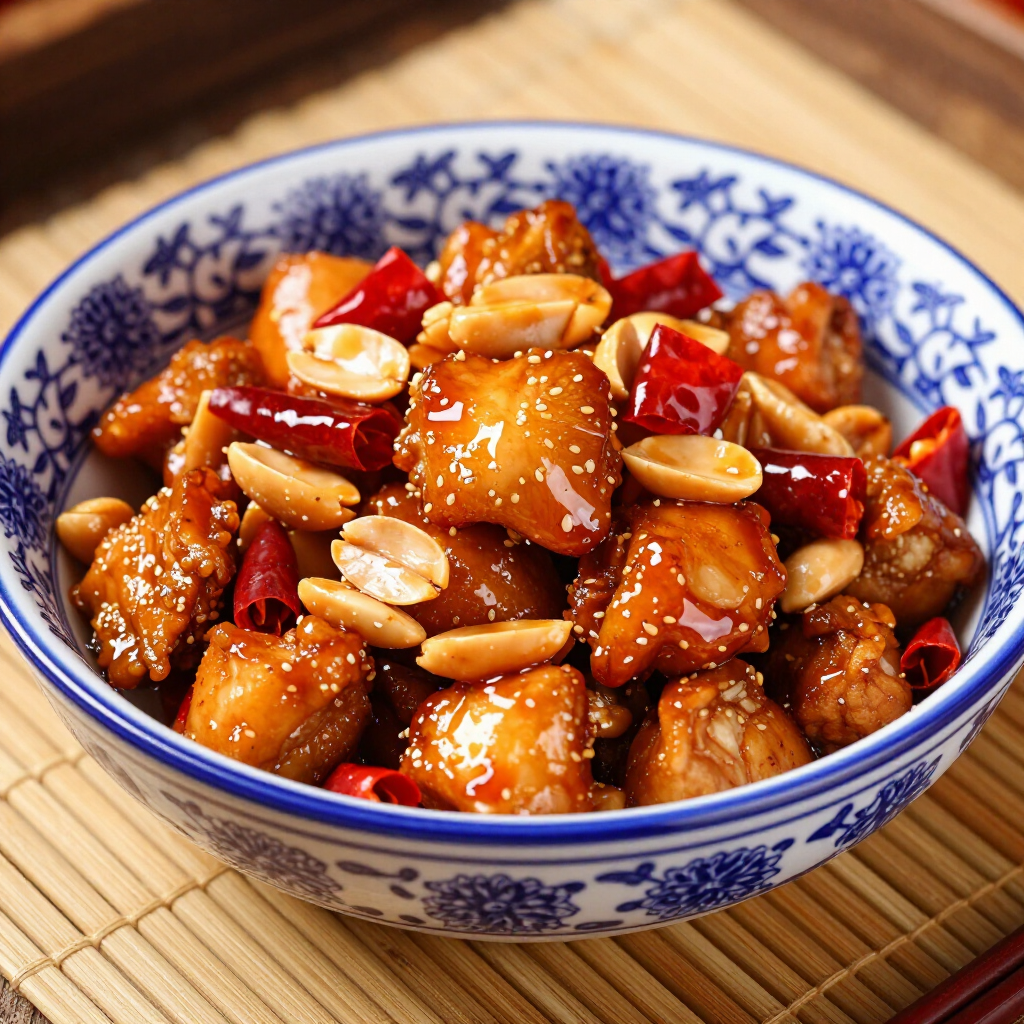 A bowl of Kung Pao chicken featuring glazed chicken chunks, peanuts, and dried red chili peppers on a bamboo mat.