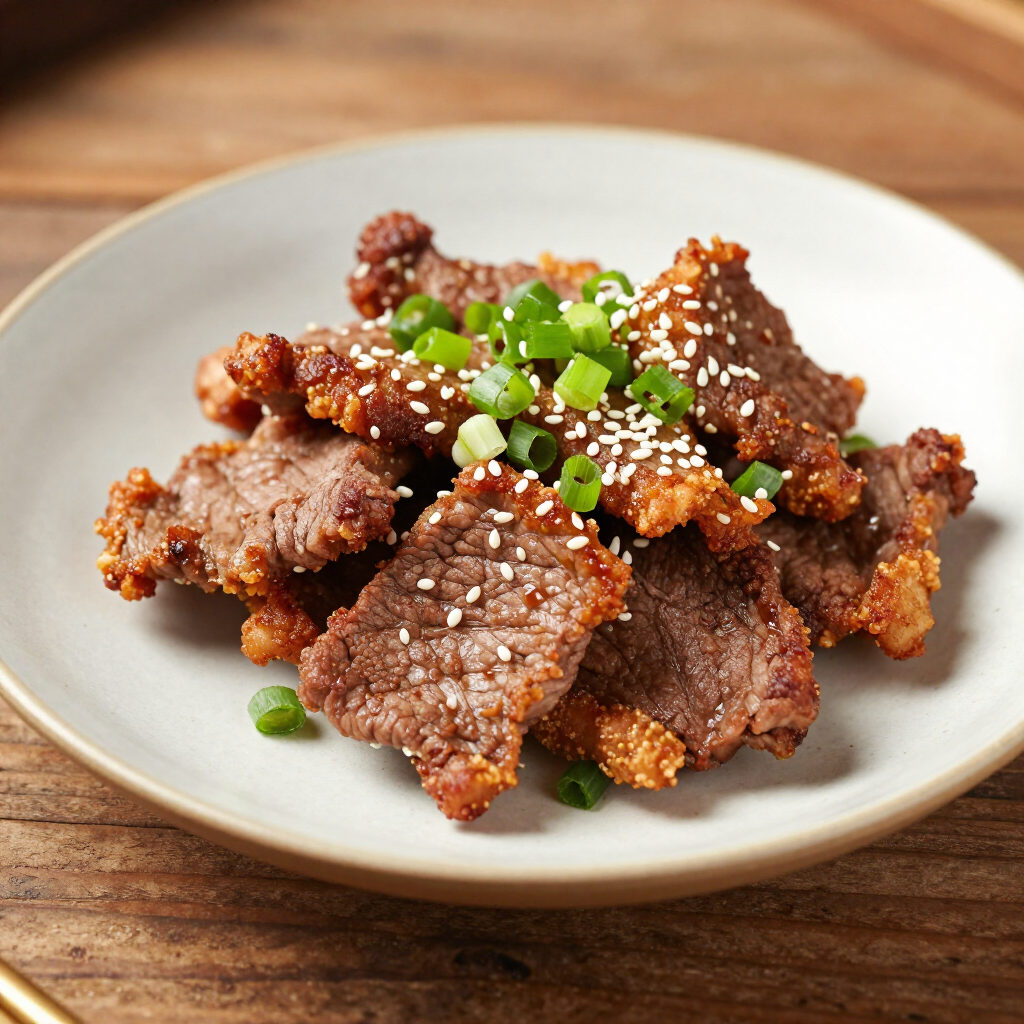 A light-colored plate holding crispy fried beef strips garnished with sesame seeds and chopped green onions.