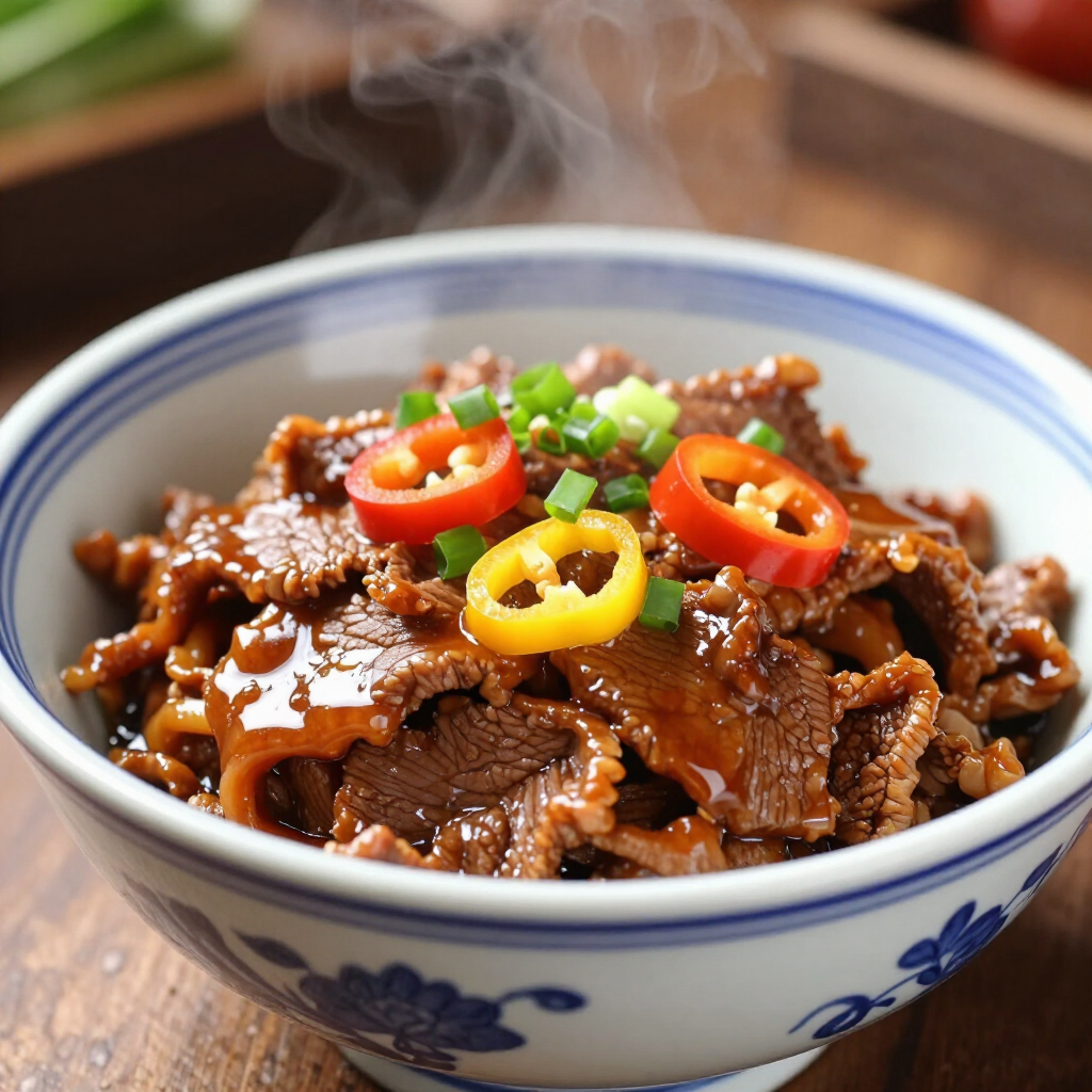 A steaming bowl of sliced beef in a glossy brown sauce, topped with sliced red and yellow chili peppers and green onions.