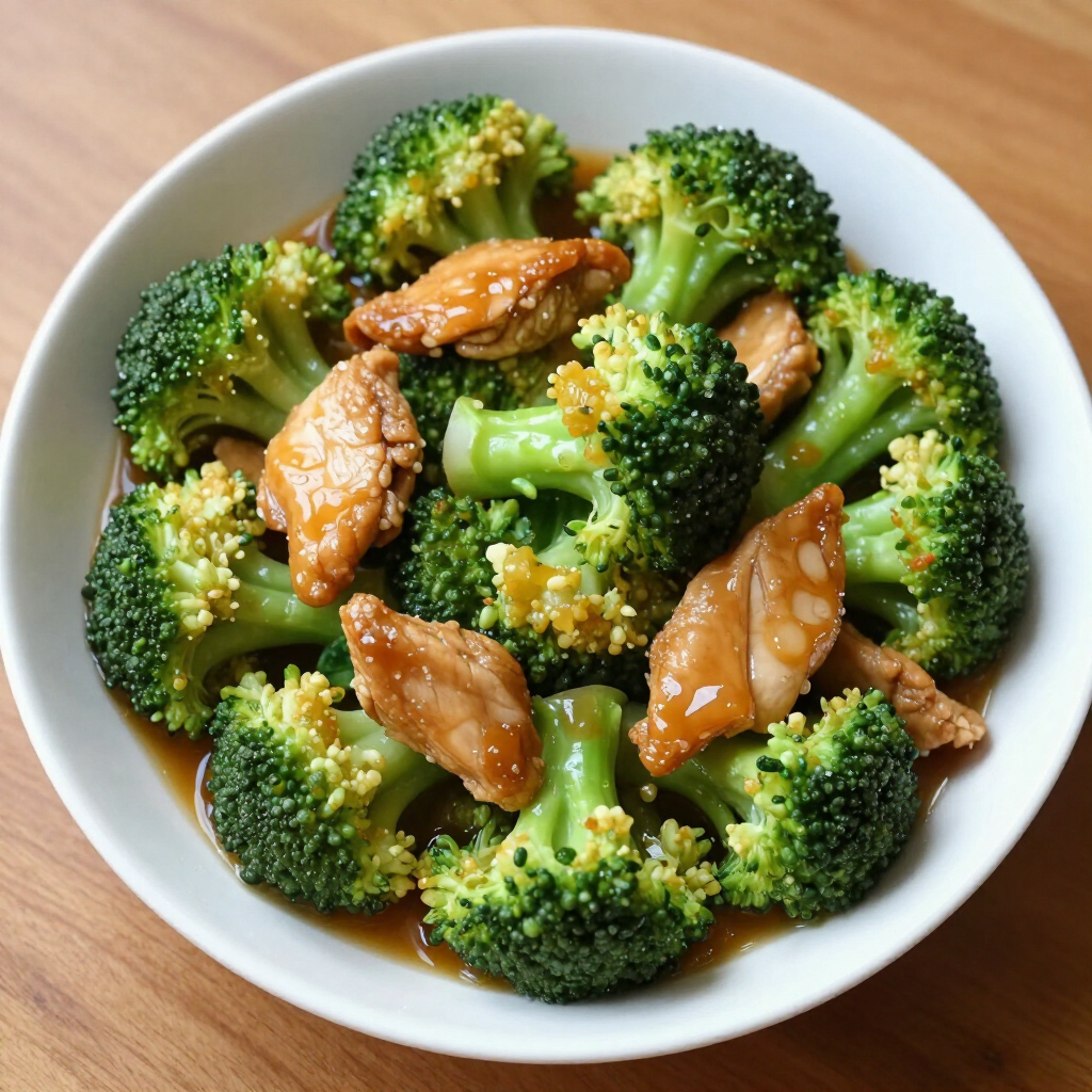 A white bowl filled with bright green broccoli florets and glazed, brown chicken pieces, set on a wooden surface.