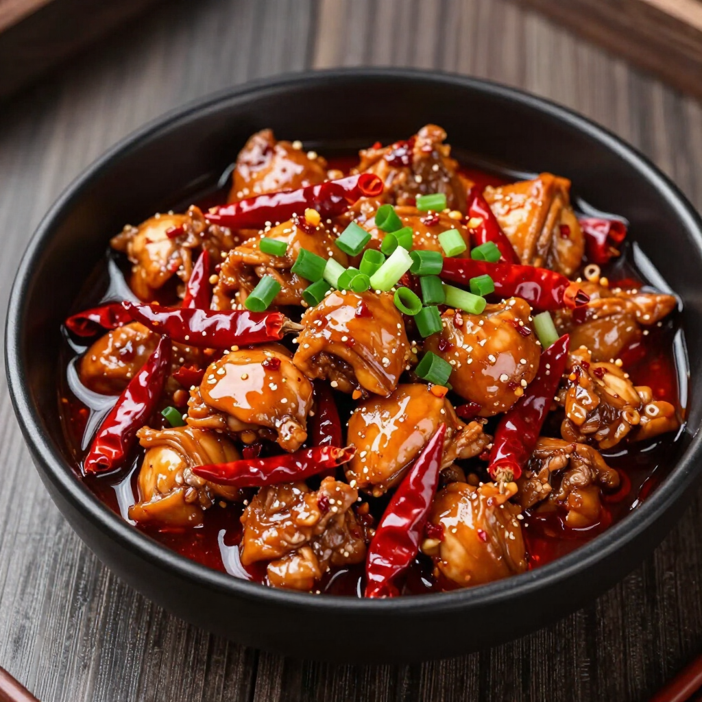 A dark bowl of stir-fried chicken pieces with red chili peppers and chopped green onions on a wooden table.