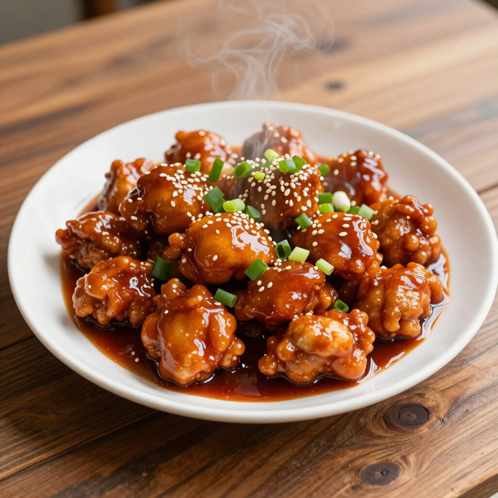 A white plate filled with glazed, saucy chicken bites topped with sesame seeds and green onions on a wooden table.