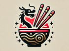 A black, red, and gold logo of a dragon rising from a bowl of ramen with three chopsticks, surrounded by small plus signs.