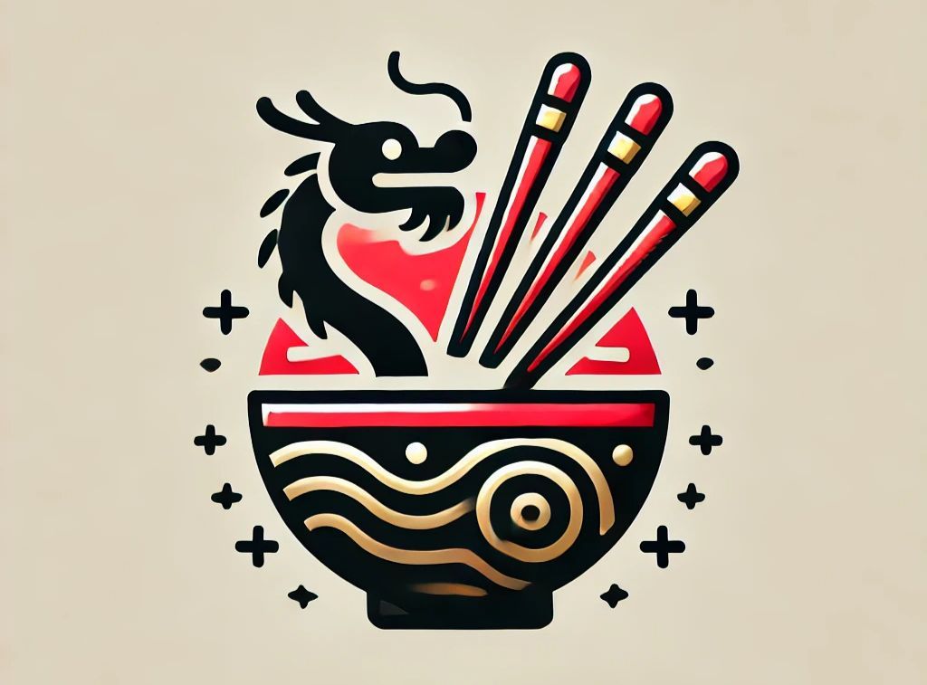 A black, red, and gold logo of a dragon rising from a bowl of ramen with three chopsticks, surrounded by small plus signs.