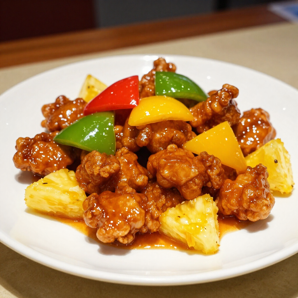 A white plate filled with sweet and sour chicken, featuring chunks of pineapple, red bell pepper, and green bell pepper.