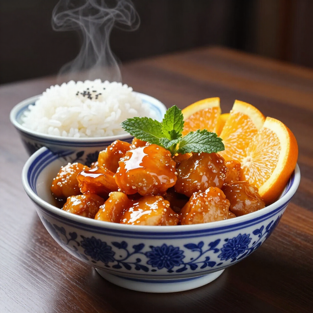 A blue and white patterned bowl of orange chicken garnished with mint, next to a steaming bowl of white rice.