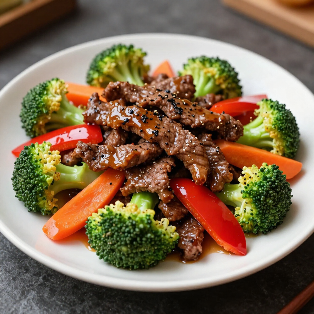 A white plate holding a stir-fry of beef strips, broccoli florets, and red bell pepper slices in a dark brown sauce.