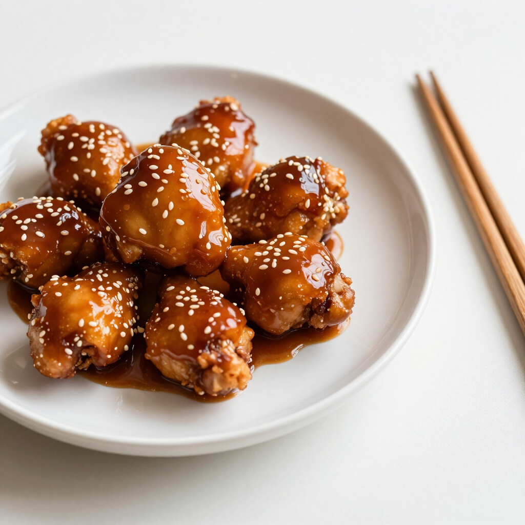 A plate of sesame-glazed fried chicken pieces with a pair of chopsticks on a white surface.