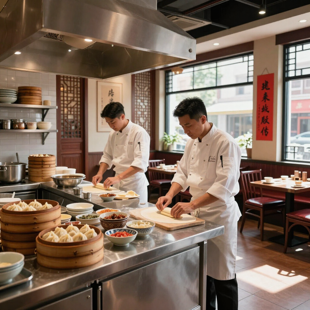 Two chefs in white uniforms prepare dumplings in a professional restaurant kitchen.