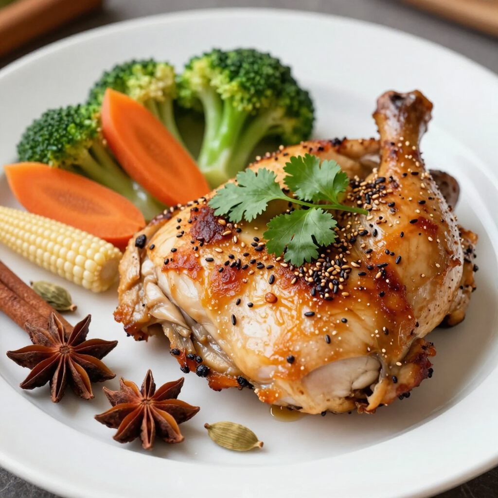 Roasted chicken leg topped with cilantro and spices, served with steamed broccoli, carrots, corn, and whole spices.