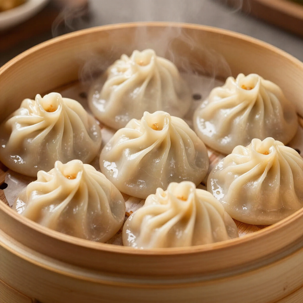 A bamboo steamer basket filled with seven steaming, pleated soup dumplings.
