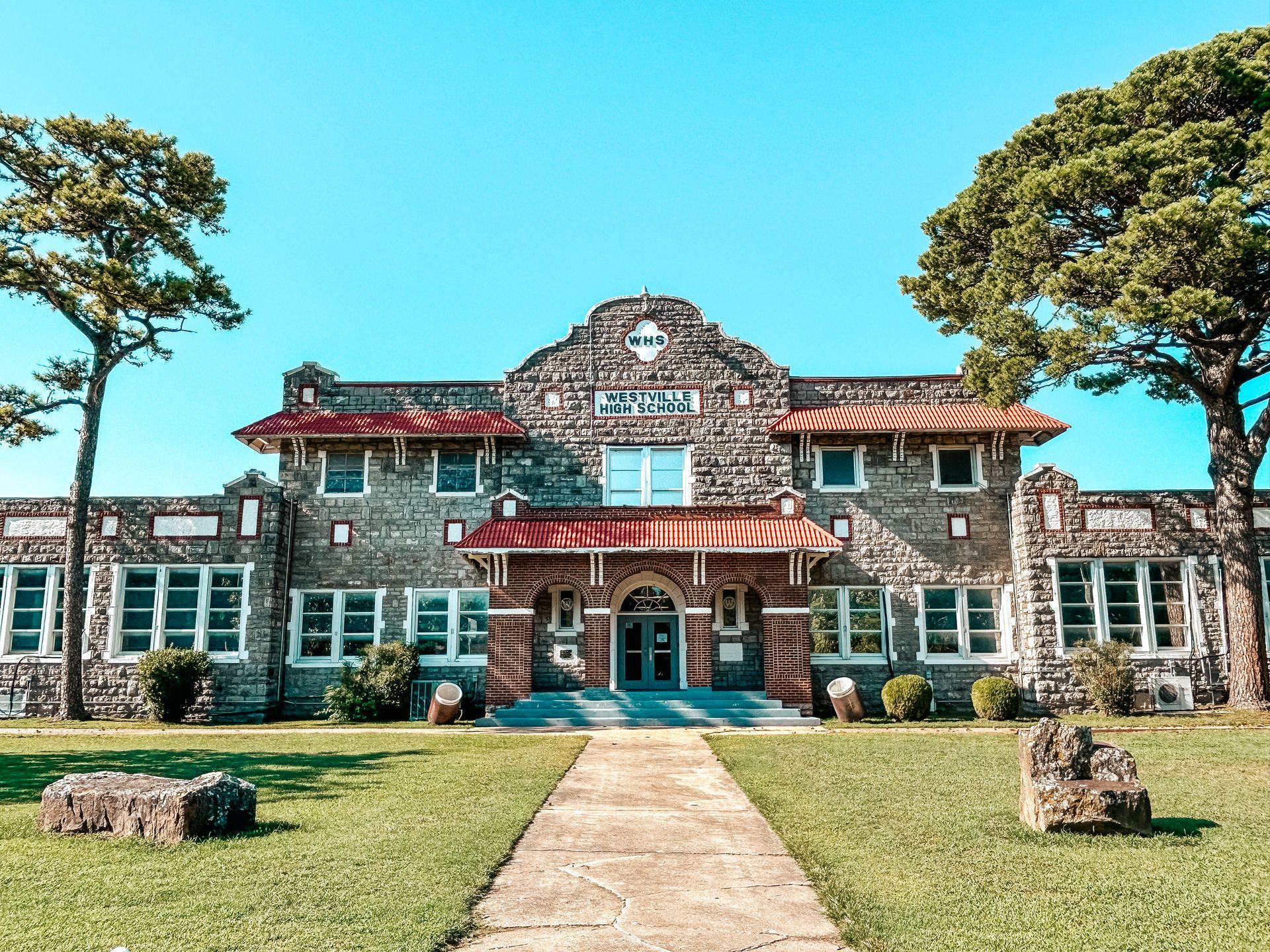 Photo of the high school in Westville, Oklahoma