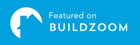 A blue and white logo that says featured on buildzoom