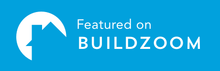 A blue and white logo that says featured on buildzoom