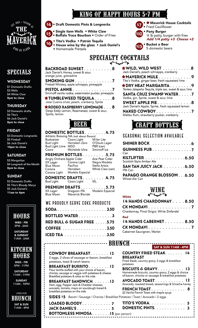 The Maverick Drink Menu
