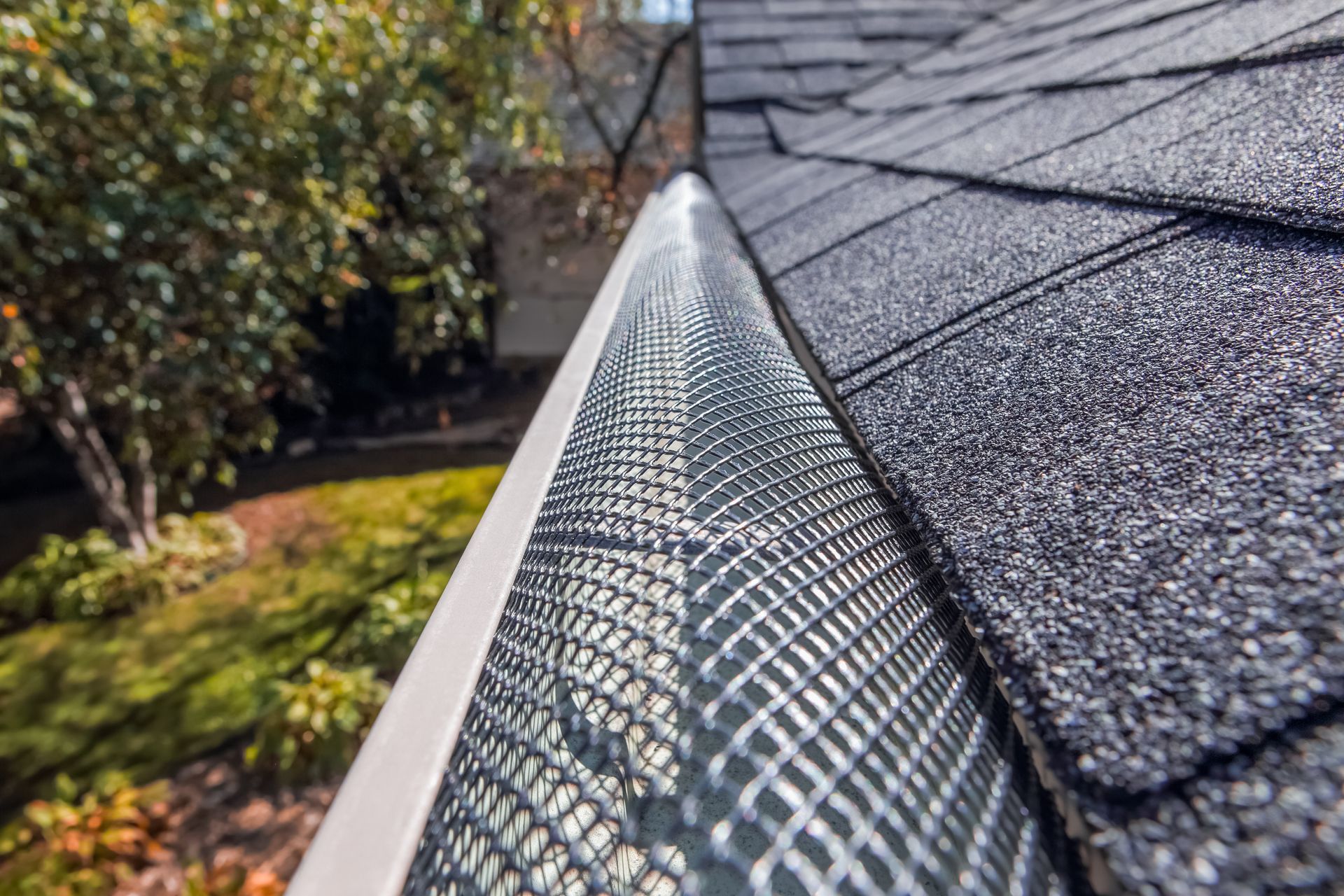 Close-up of a roof with gutter guard. The guard is a mesh screen. Shingles are black. Outdoors in daylight.