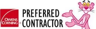 Owens Corning Preferred Contractor logo with Pink Panther gesturing. Owens Corning Preferred Contractor logo with Pink Panther gesturing.