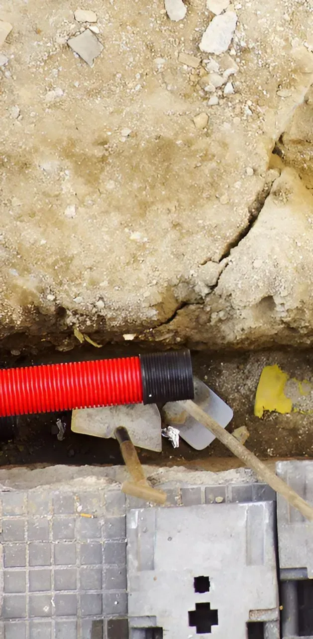 A Bright Red Corrugated Conduit Pipe Laid in a Narrow Dirt Trench — Copp & Co Civil Plant Hire in Airlie Beach, QLD