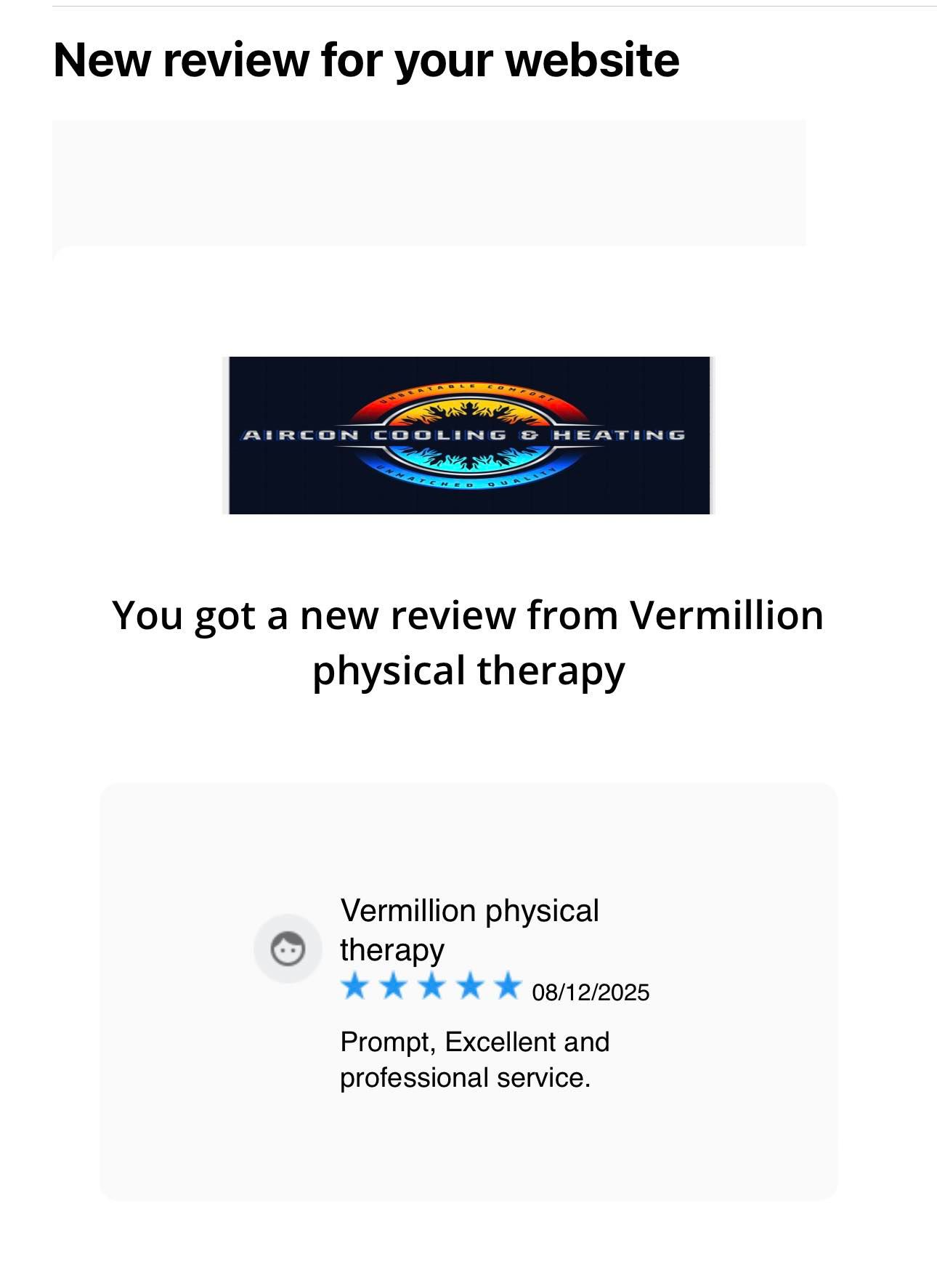 New website review notification.  Air conditioning company logo. Review from Vermillion Physical Therapy, 5 stars.
