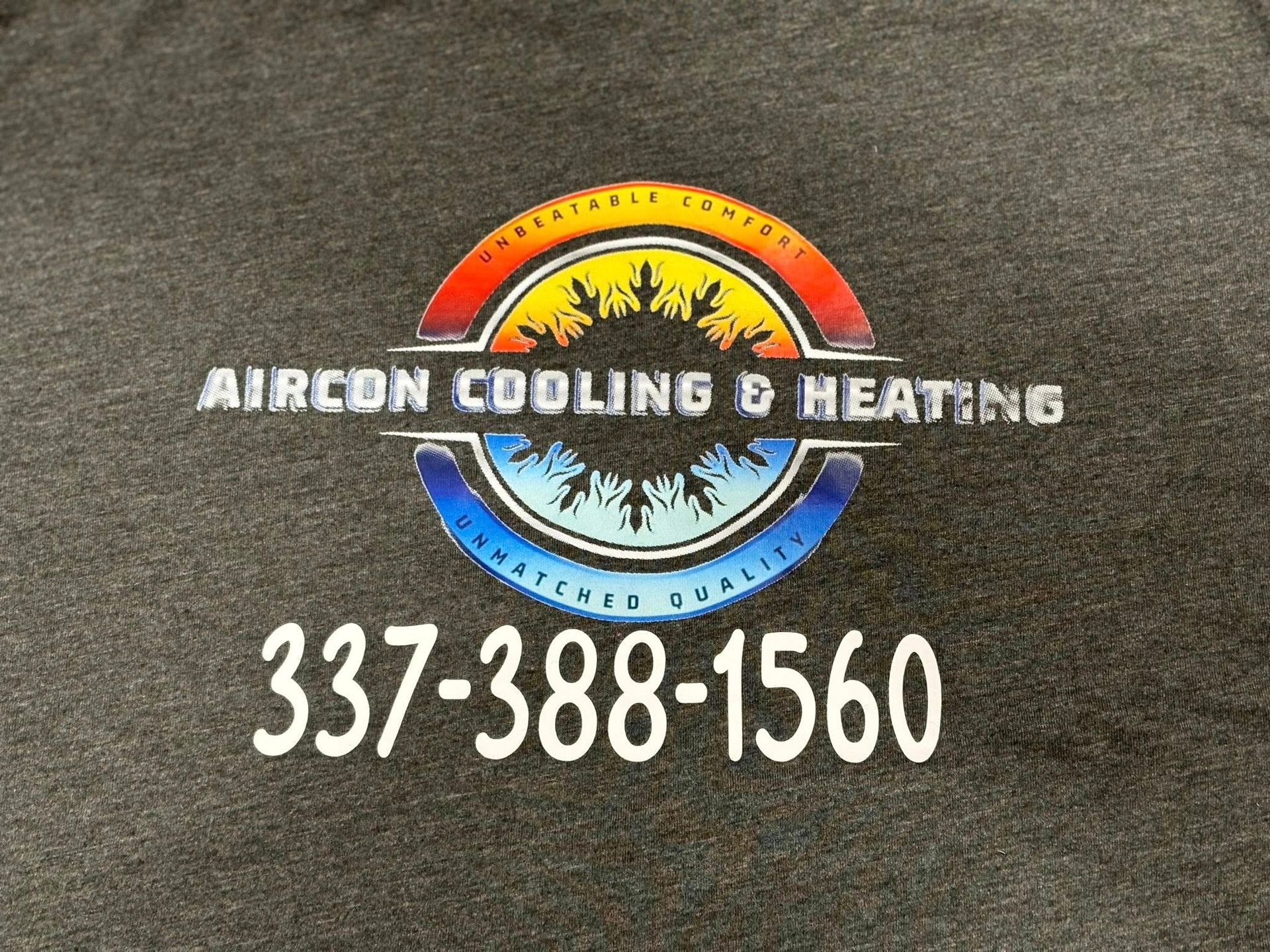 Logo for Aircon Cooling & Heating with phone number 337-388-1560 on a dark gray background.