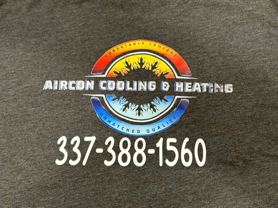 Logo for Aircon Cooling & Heating with phone number 337-388-1560 on a dark gray background.
